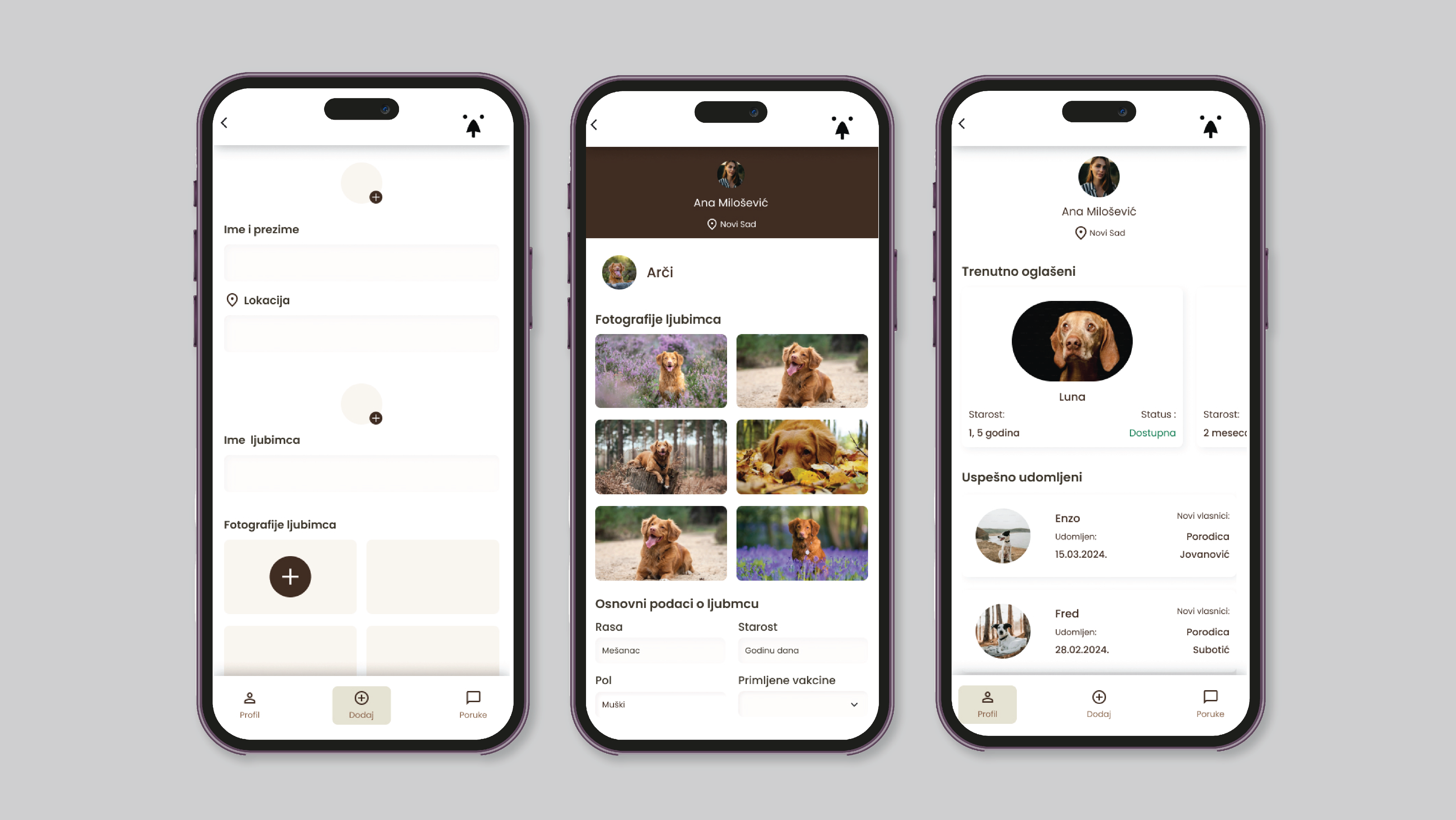 Tri ekrana aplikacije